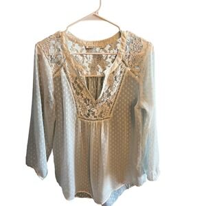 Daniel Rainn Light Blue Swiss Dot Lace Yoke Split Neck Blouse 14316PD2 Womens M